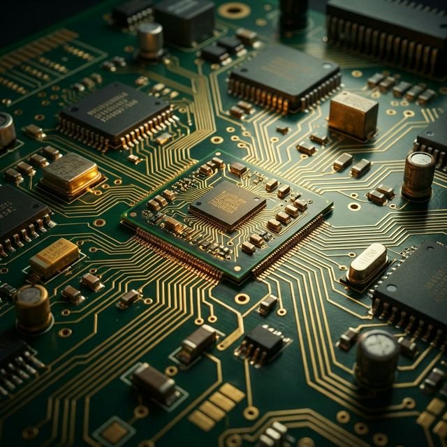 Gold-plated PCB traces on deep green substrate